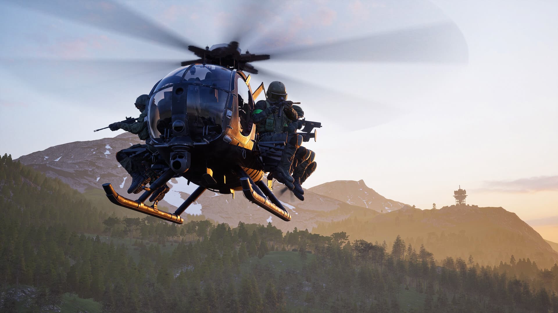 A WARDOGS helicopter carrying a squad over a mountainous battlefield